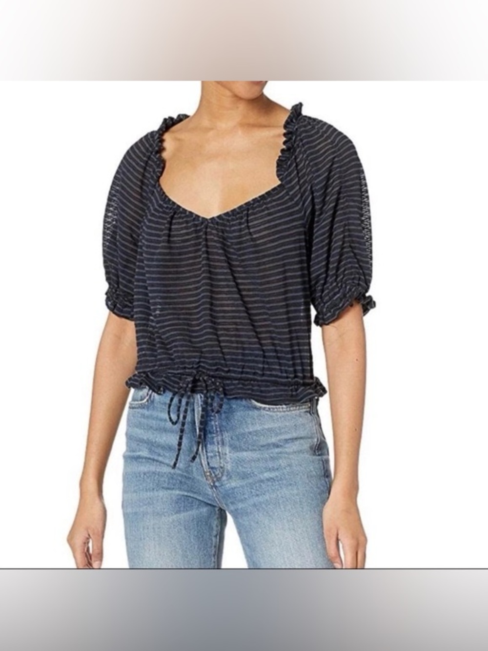 Free People Dorothy Striped Crop Blouse, a black and blue peasant-style top Sz L